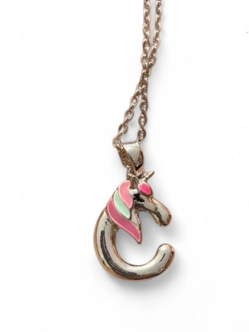 Silver Tone Unicorn Initial C Necklace Enamel Pendant Adjustable Chain